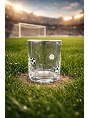 New Glass Black & White Soccer Ball Sports Tumbler Beverage Glass Cup White Rim